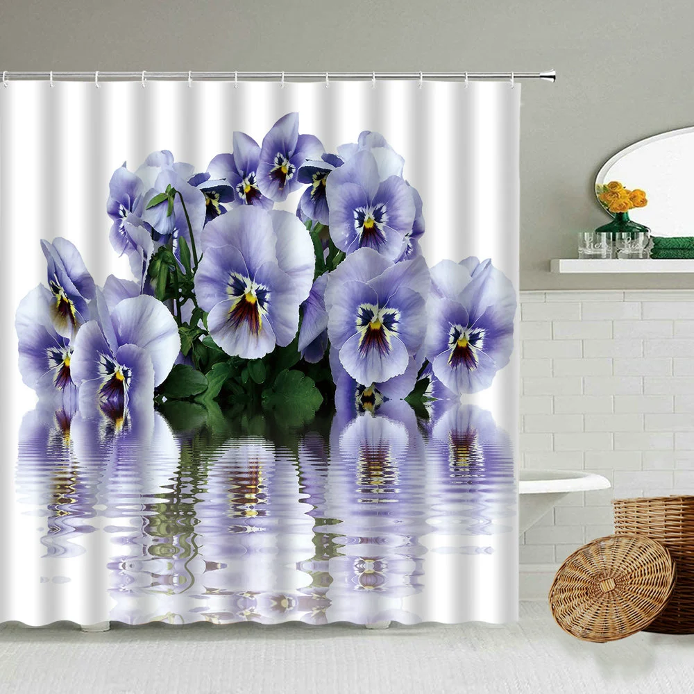 

Flower Scenery Shower Curtain Orchid Green Plant Leaf Water Reflection Floral Art Home Bathroom Wall Decor Bath Screen Washable