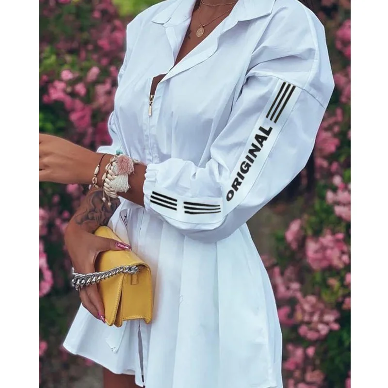 Новое модное осеннее женское белое платье-рубашка с длинным рукавом Короткое
