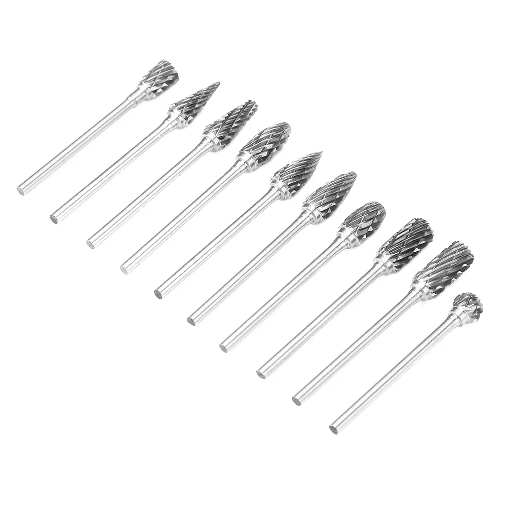 

10pcs Tungsten Carbide Steel Burrs Rotary Files Metalworking Carving Tool Set 2.35*6mm Cutting Head Diameter