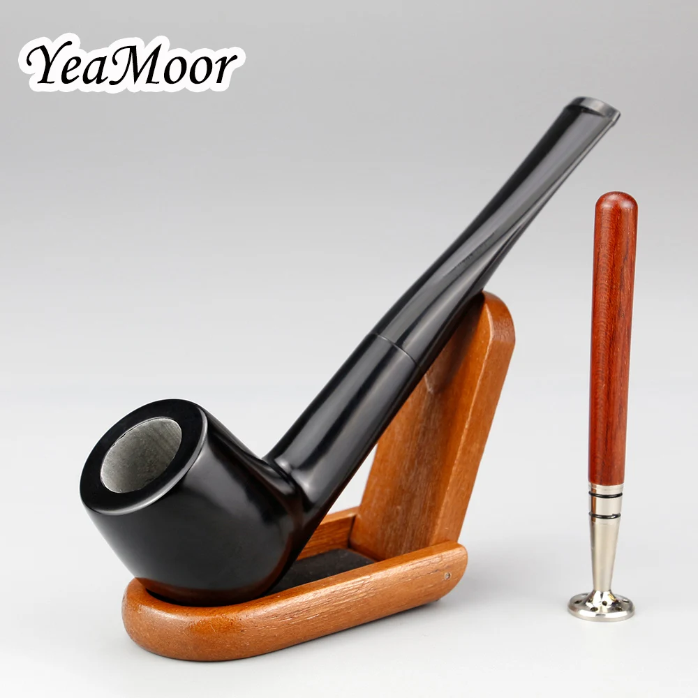 

Vintage Straight Smoking Pipe Solid Black Ebony Wood Pipe Wooden Stand 2in1 Tobacco Tamper 10 tools free Tobacco Pipe Set