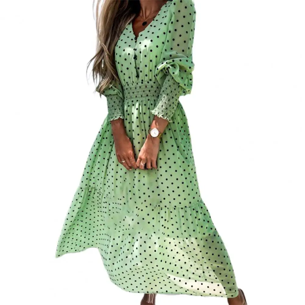 

Women Dress Beautiful Polka Dot Printing Slim Soft V-neck Skin-friendly Lightweight Long Dress Summer Beach Dress robe femme