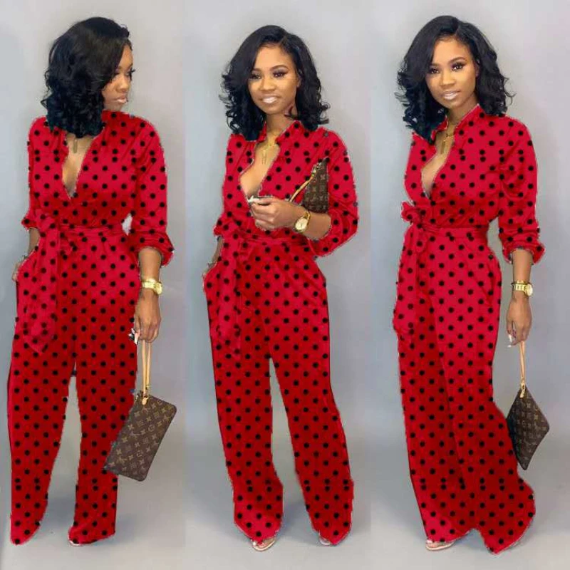 New Fashion Jumpsuit For Women 2019 Dot Black White Rompers Button Up Self Belted Pockets Womens Jumpsuit Casual Loose Romper