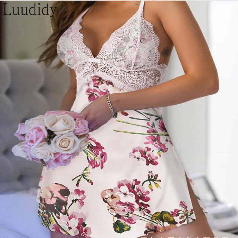 

Women Sexy Spaghetti Strap Lace Trim Sleepwear Dress V Neck Floral Print Lace Backless Dress