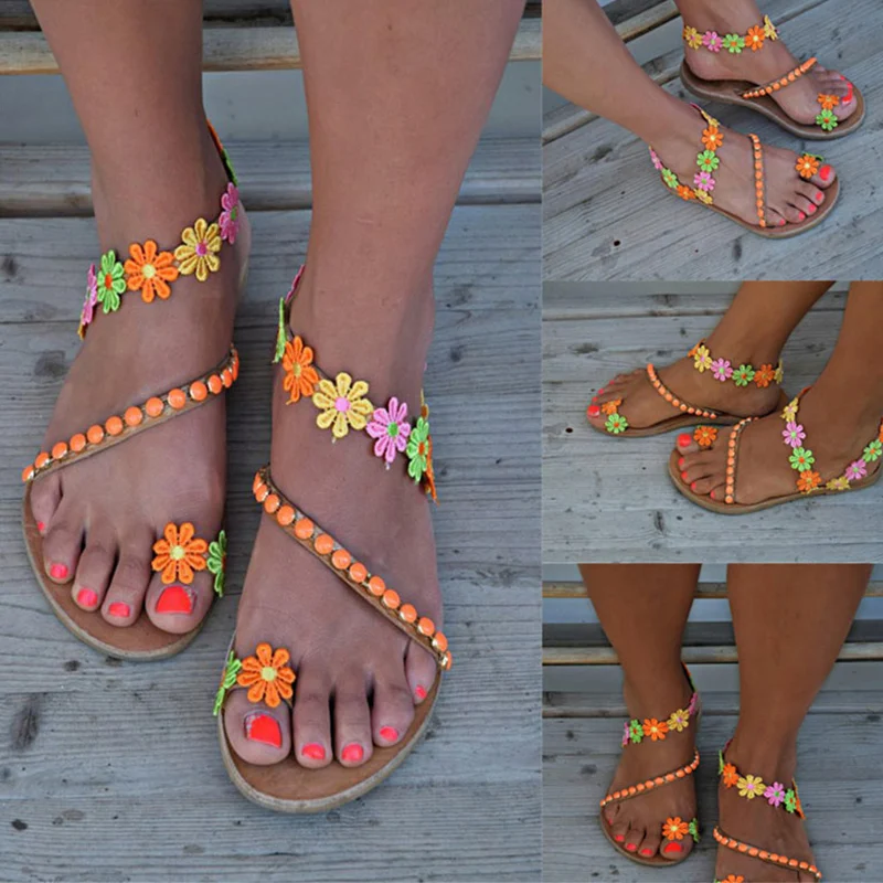 Женские сандалии с цветочным принтом Летняя женская Повседневная пляжная обувь