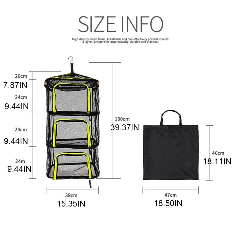 

Outdoor Foldable Hanging Herb Drying Rack with Side Lanyard Hook Portable Camping 4 Layers Dry Zipper Mesh Net Organizer QW