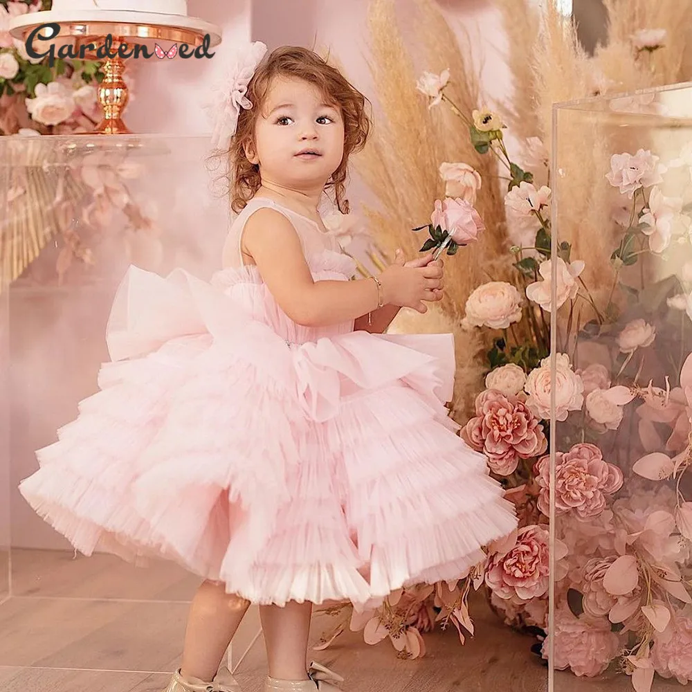 

Layer Pink Girl Birthday Dress Puffy Ball Gown Girl Party Dress Sleeveless Tulle Girl Princess Dress Mother & Baby robe de bal