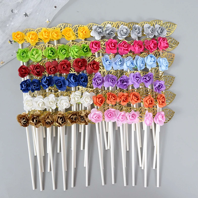 

6pcs/set Paper Rose Metal Leaves Cake Topper Birthday Party Wedding Cake Decoration Tools Cupcake Topper Dessert Baking Supplies