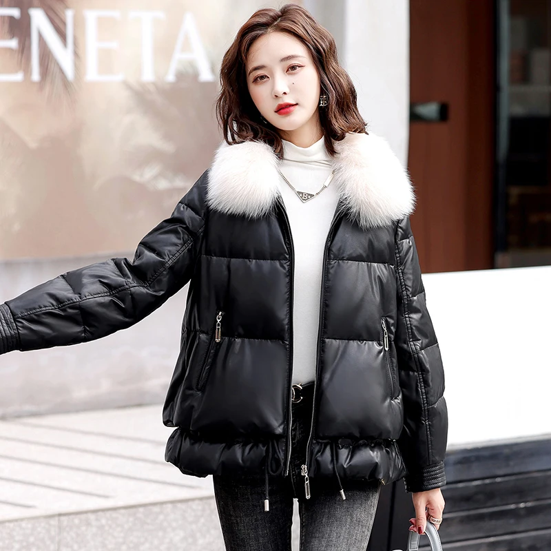 New Women Leather Down Jacket Winter 2022 Fashion Casual Real Fox Fur Turn-down Collar Drawstring Loose Short Sheepskin Coat