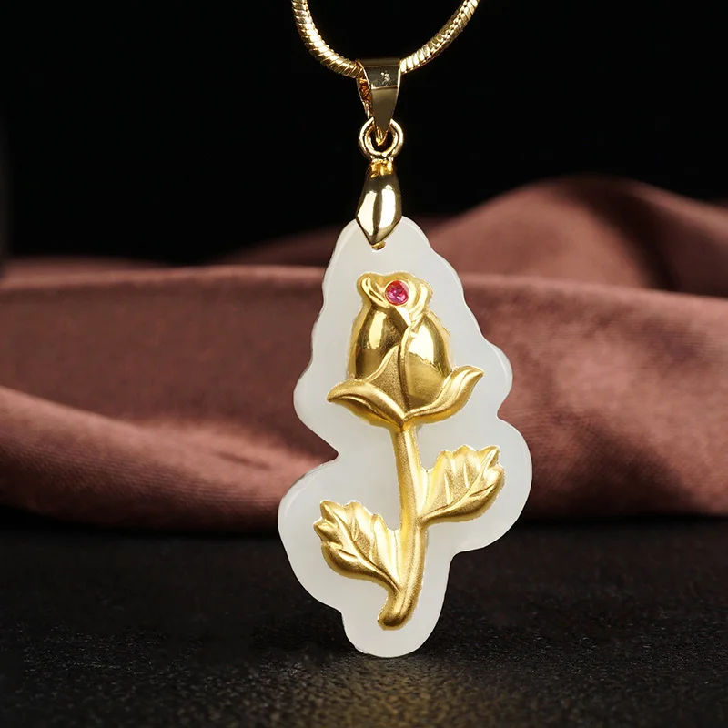 

Ожерелье с подвеской в виде цветка из нефрита, 24 К золота