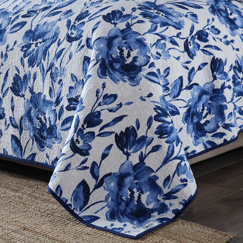 

CHAUSUB Blue Bedspread Cotton Quilt Set 3PCS AB-side Coverlets Bed Cover Pillowcase King Queen Size Quilts Quilted Blanket