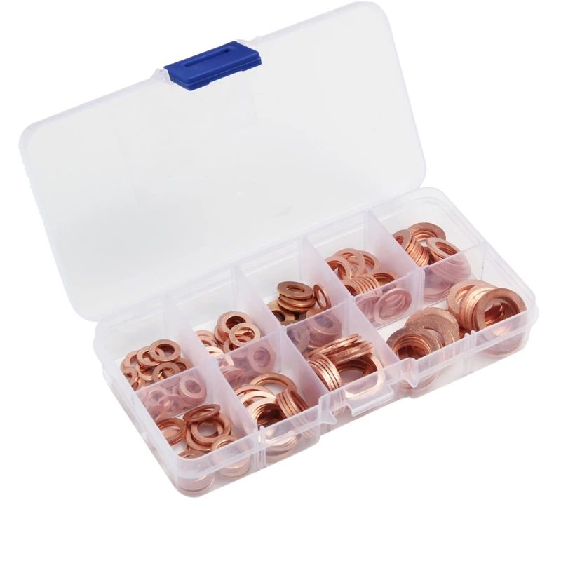 200Pcs 9 Sizes Copper Washers Assorted Solid Gasket Sealing Ring Set Hardware Kit M5/6/8/10/12/14 with Plastic Ca |