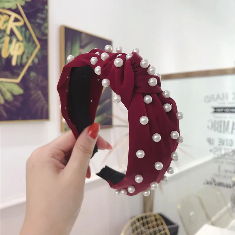 Новинка Бархатная повязка на голову с жемчугом кораллового цвета Однотонная