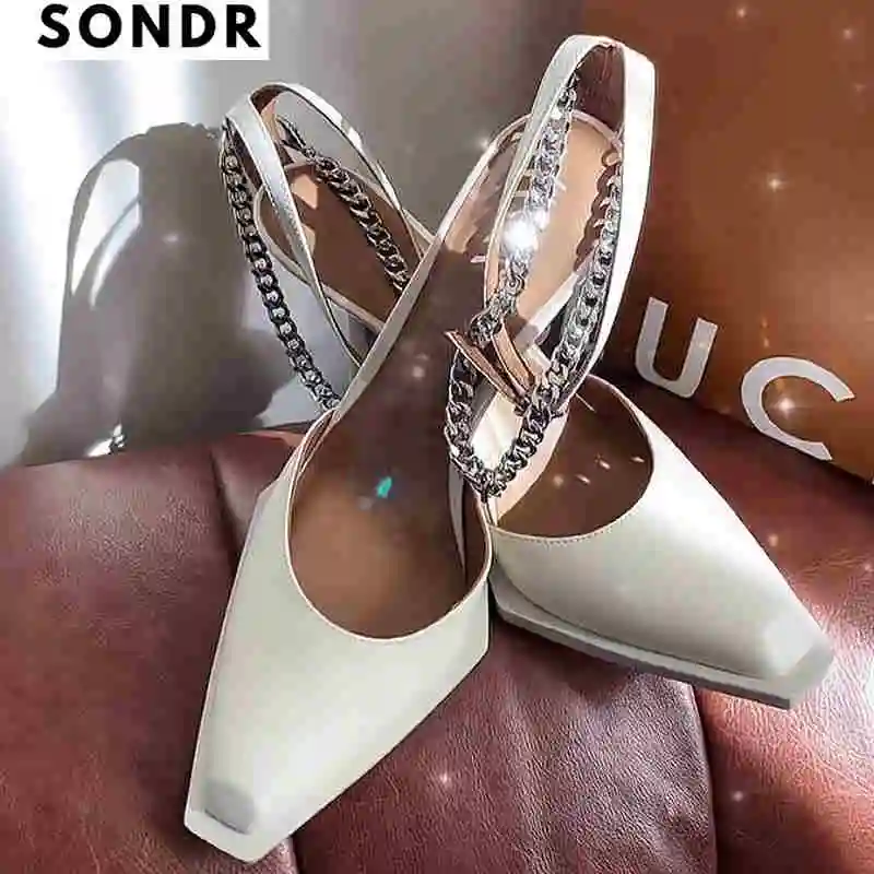 

2022 new small square head shallow mouth waterproof platform chain sandals female stiletto sexy patent leather women's shoes