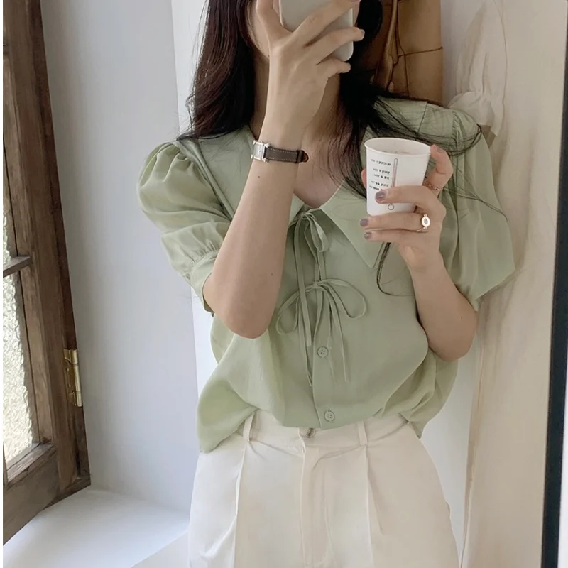 

Korean Japan Style Sweet Fresh Women Shirt Turn Down Collar Short Sleeve Summer 2021 New Tunic Tops Office Lady Thin Blusas