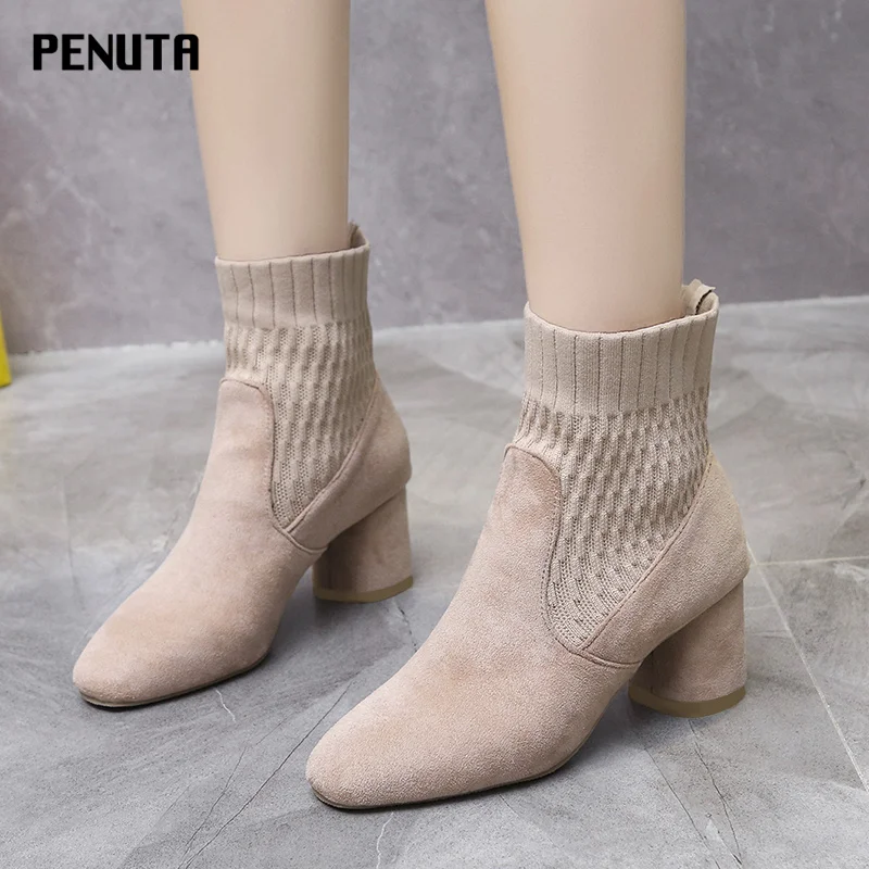 

2021 Womens Stretch Boots Flock Ankle Shoes Chunky High Heel Ladies Elastic Autumn Shoes New Designer Chunky Booties B007P