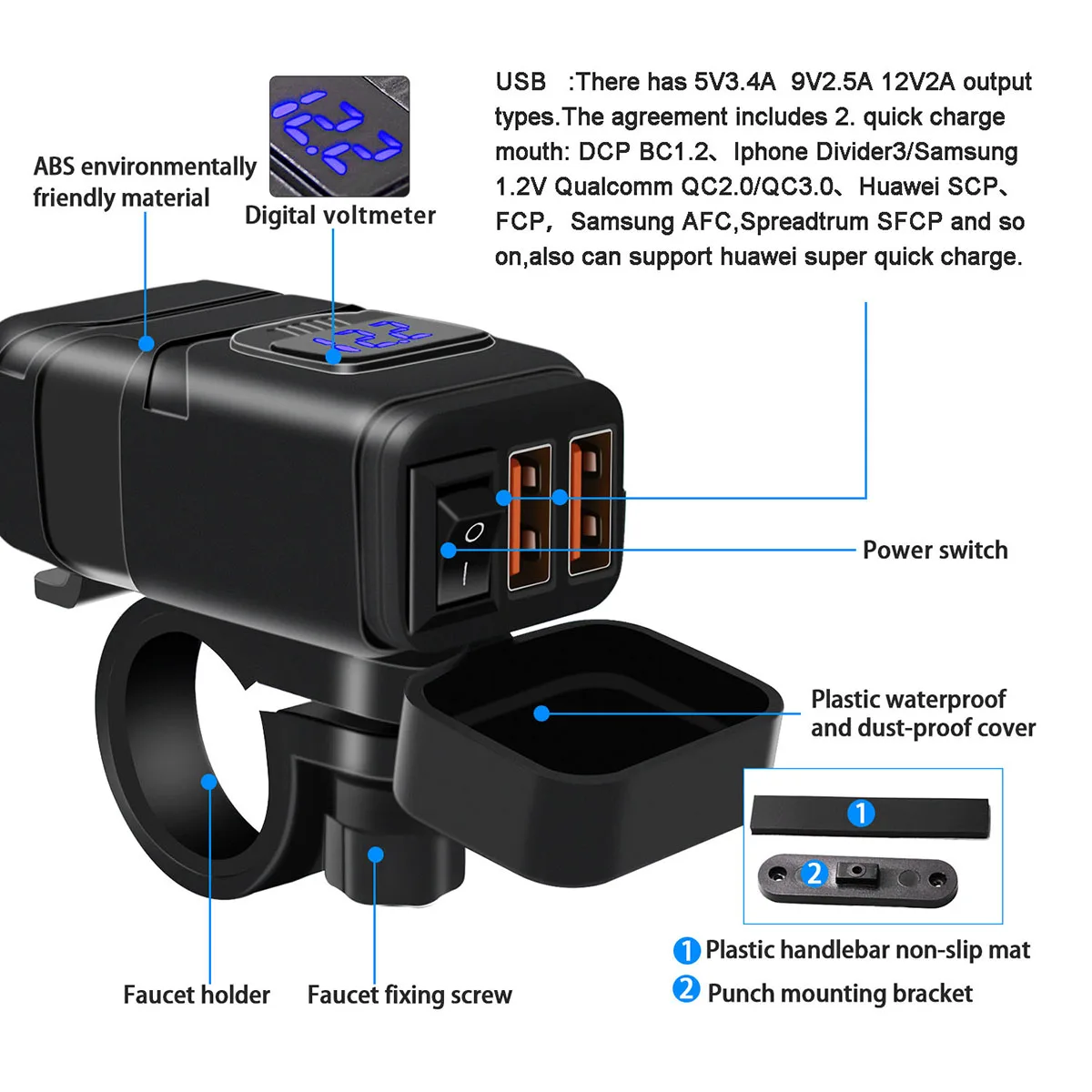 

12V Motorcycle Dual USB QC3.0 Fast Charger with Voltmeter waterproof and dust-proof plastic cover for phones tablets GPS