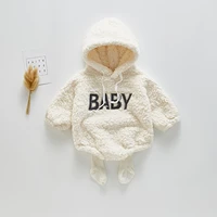 0 3t high quality plush autumn cute baby jumpsuit overalls letter warm outfits infant baby boys girls beige hooded bodysuit