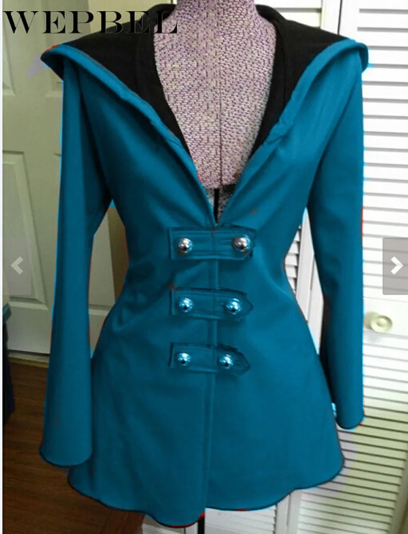 

WEPBEL Punk Worsted Hooded Jacket for Women Fashion Steampunk Gothic Long Sleeve Coat Stitching Ladies Black Overcoat Plus Size