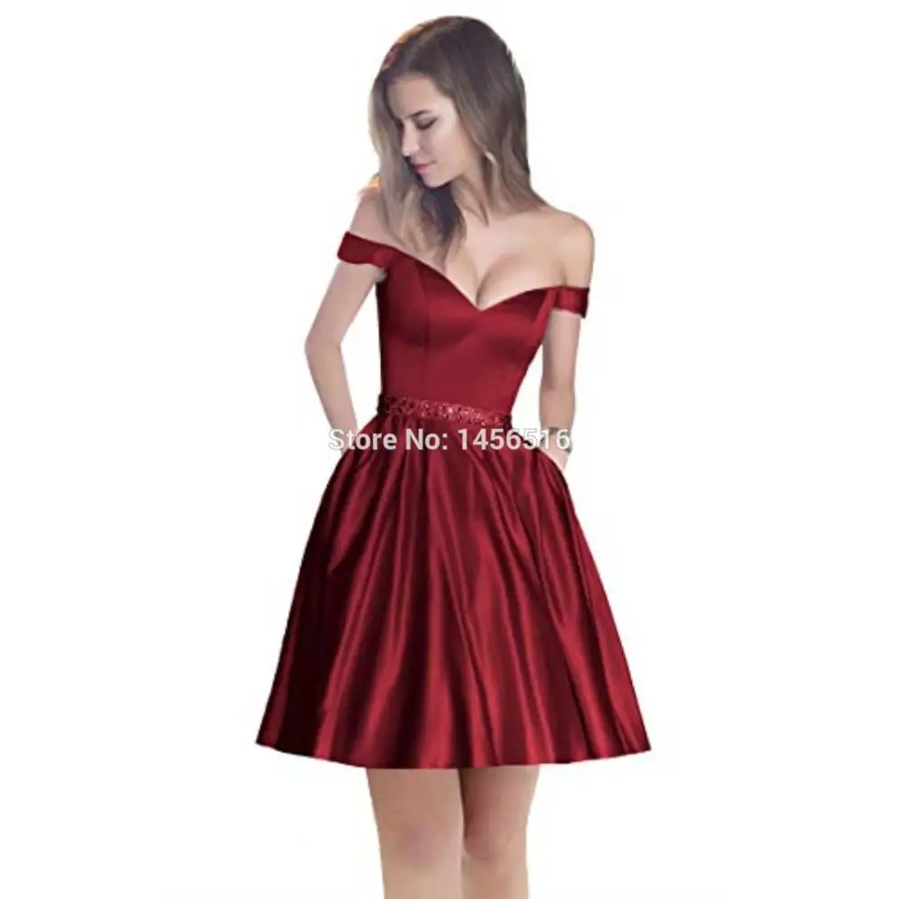 Burgundy Short Новинка года; платья с открытым плечом; длинное атласное вечернее платье трапециевидной формы с бисером; vestido de festa - Цвет: Burgundy Short
