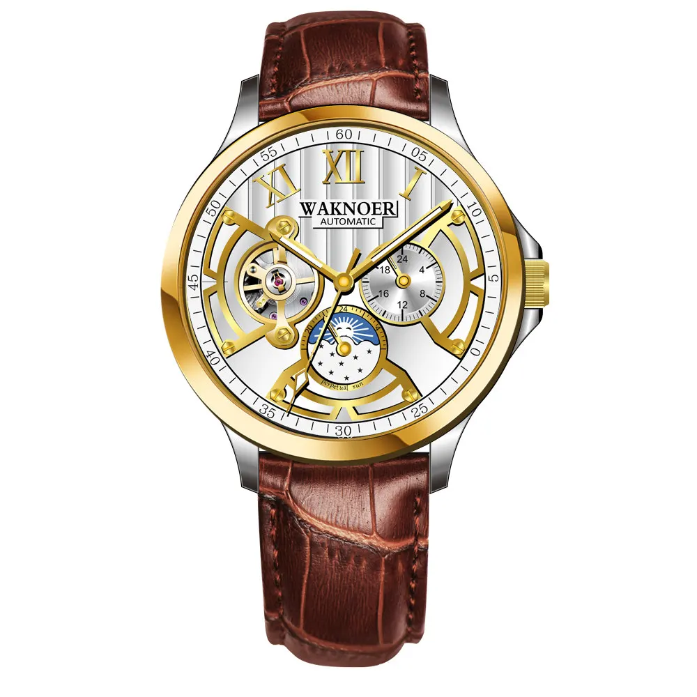 silver gold leather WAKNOER автоматические механические часы для мужчин из нержавеющей стали водонепроницаемый Moon Phase светящиеся роскошные золотые бизнес Tourbillon Montre Homme - Цвет: silver gold leather
