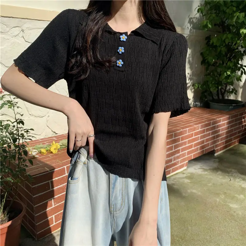 Women's T-shirt 2021 Knit Polo Short Sleeve T-shirts Tee Top Female Clothing Chic Woman Blouse y2k Aesthetic Fashion Sweetshirts