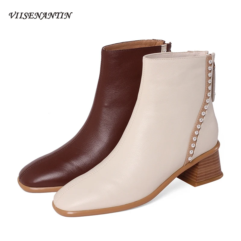 

Женские полусапожки на толстом каблуке, с жемчужинами и квадратным носком