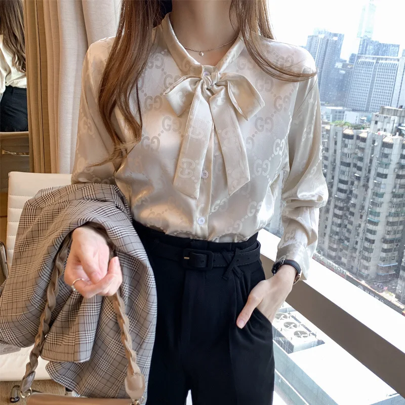 

Silky Smooth Long Sleeve Casual Shirt with Bow for Woman 2021 Spring Summer Designer Luxury Female Clothing Harajuku Blouse