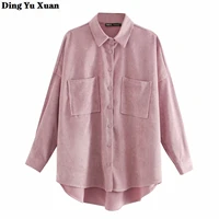 women loose corduroy shirt long sleeve vintage blouses and shirts for ladies khaki pink green purple fall tops with pockets