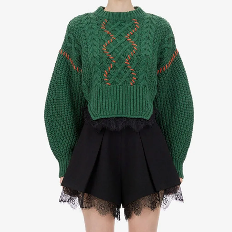 Женский зеленый укороченный свитер сезон зима 2019 плотный теплый кружевной