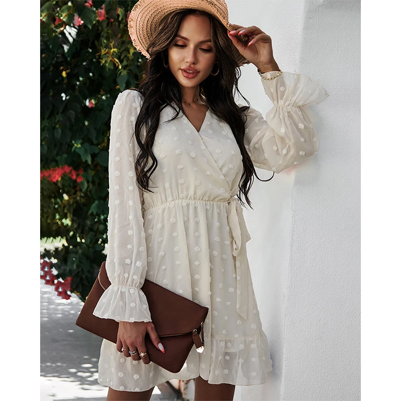 

Women Mesh Ruffles V-Neck Solid Black Dress 2021 Spring Autumn Casual Elegant Ladies Long Sleeve Sashes A-Line Mini Dresses