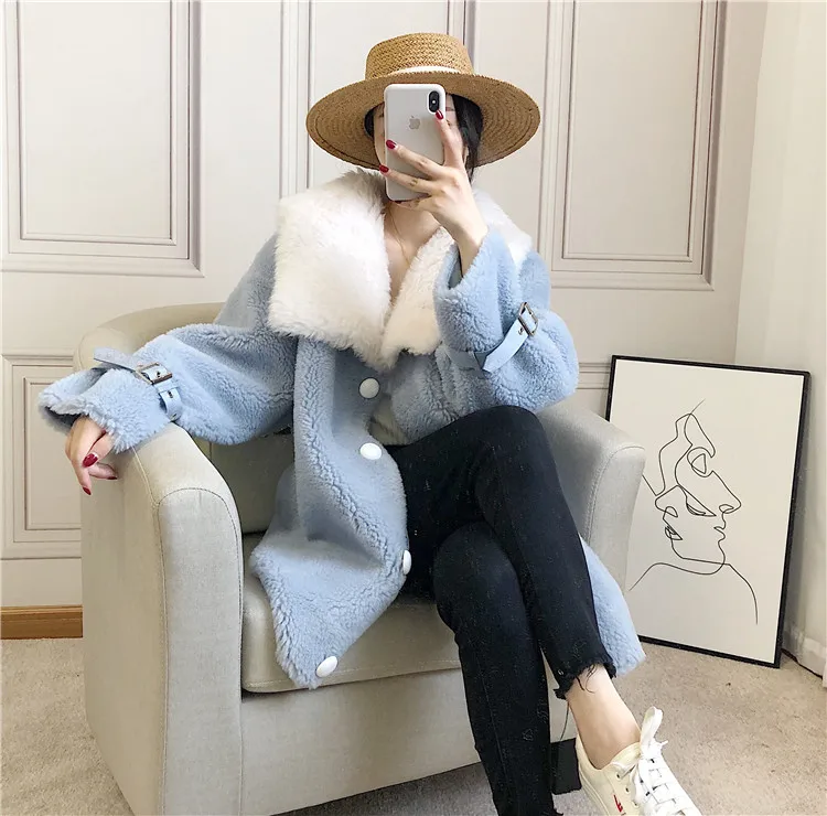 

2020 New Winter Real Natural Fur Sheep Shearing Coat Mid-length Particle Fleece Outwear Female Composite Leather Korean Version