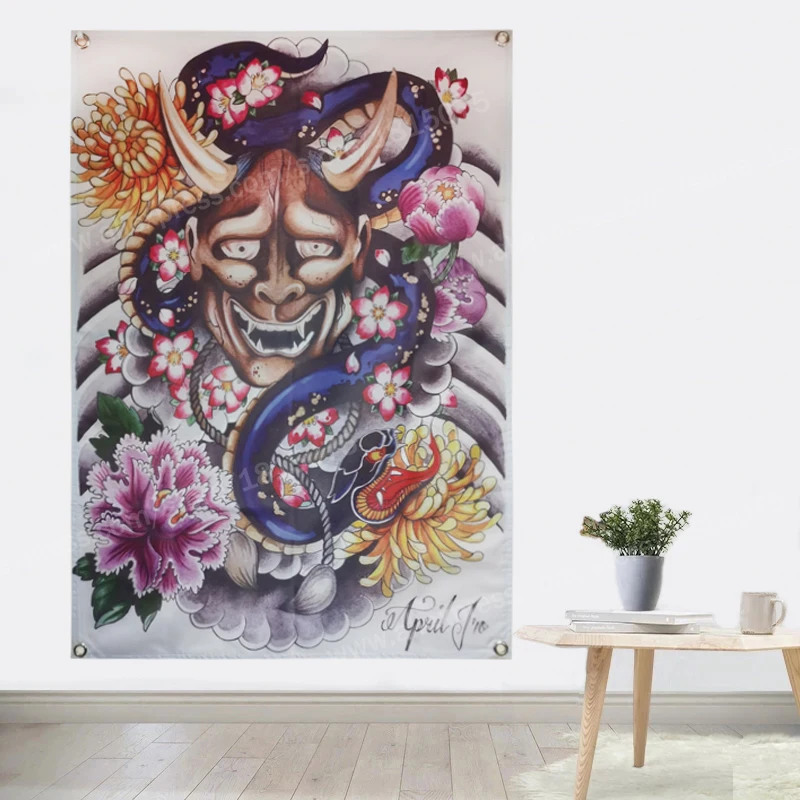 Цветок череп Японский тату плакат флаг женский подвесной 4 люверса в углах 3*5