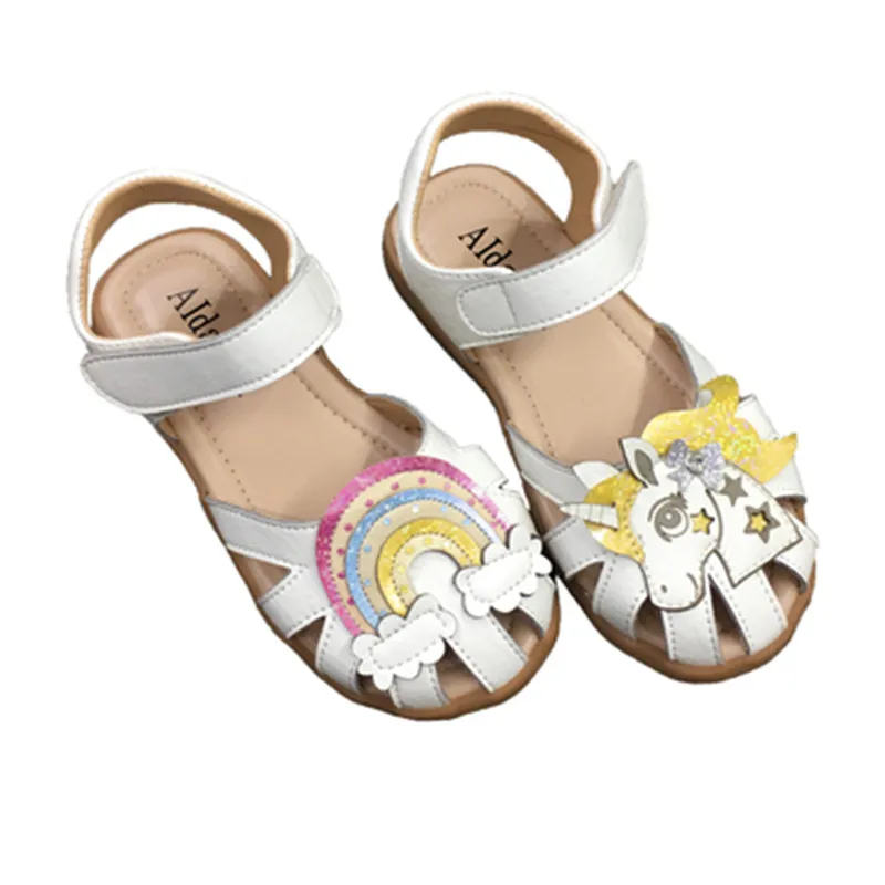 Сандалии для девочек с радужным единорогом мягкая кожа летняя обувь принцессы