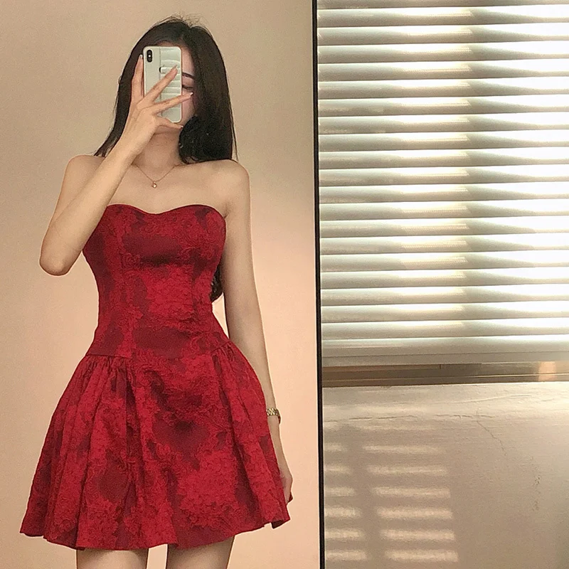 

Red Tube Top Dress Women's Summer Dress 2021 Spring and Autumn French Elegant Waist off-Shoulder Sweet and Spicy Style Printed