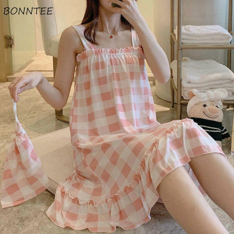 

Nightgowns Women Plaid Kawaii Cartoon Sleeveless Summer Cool Lady Spaghetti Strap Nightdress Loose Soft Ruffles Chic Homewear