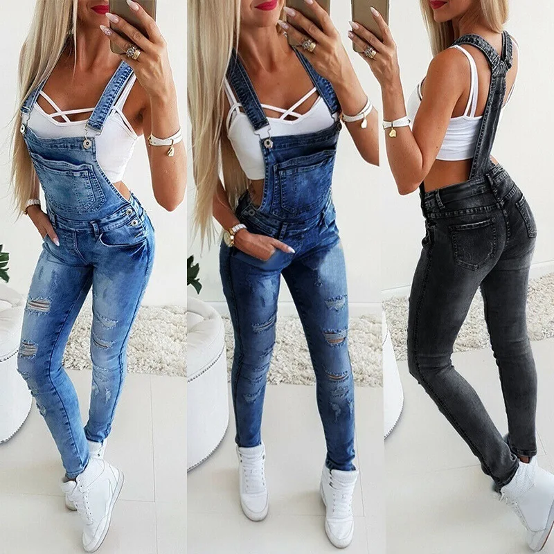 

New Ladies High Waist Elastic Force Broken Hole Jeans Jumpsuit Long Fashion sexy Female Pants Overalls High Street Ladies Jumpsu
