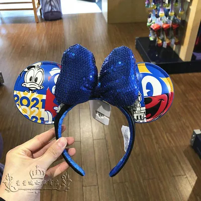 

Original 2021 New Disney Paradise Cute Mickey Minnie headband Blue bow girl party hair accessory