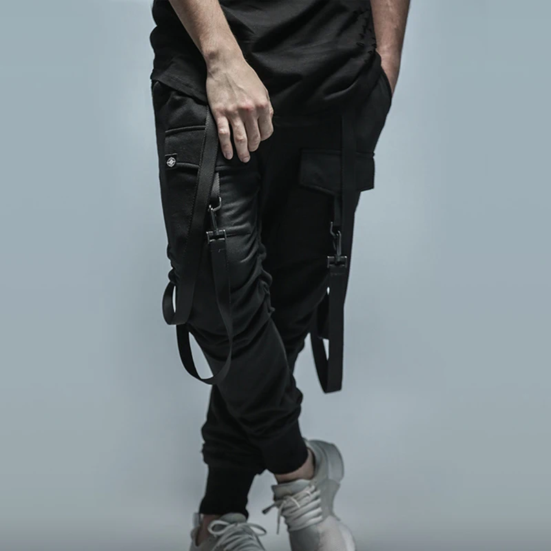 Мужские черные спортивные брюки карго с ремешками Джоггеры в стиле хип хоп и