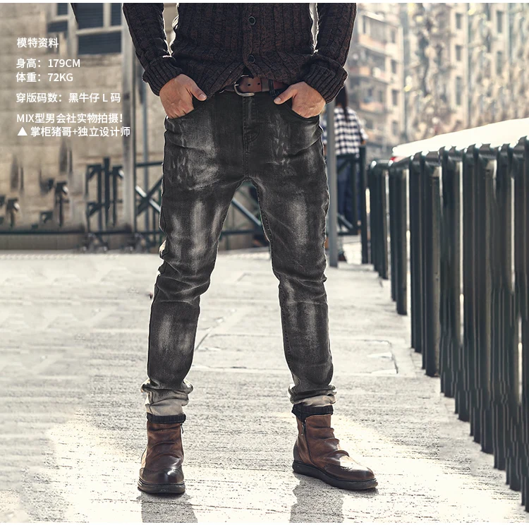 Autumn &amp Winter Gradual Black Gray Men's Classic Jeans Pants Slim Fit Stretch Trousers K813 | Мужская одежда