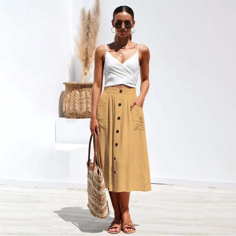 

2020 Women Cotton Breasted Loose Casual Skirts Female Spring Summer New High Waist Solid Color Beach Long Skirts XA241F