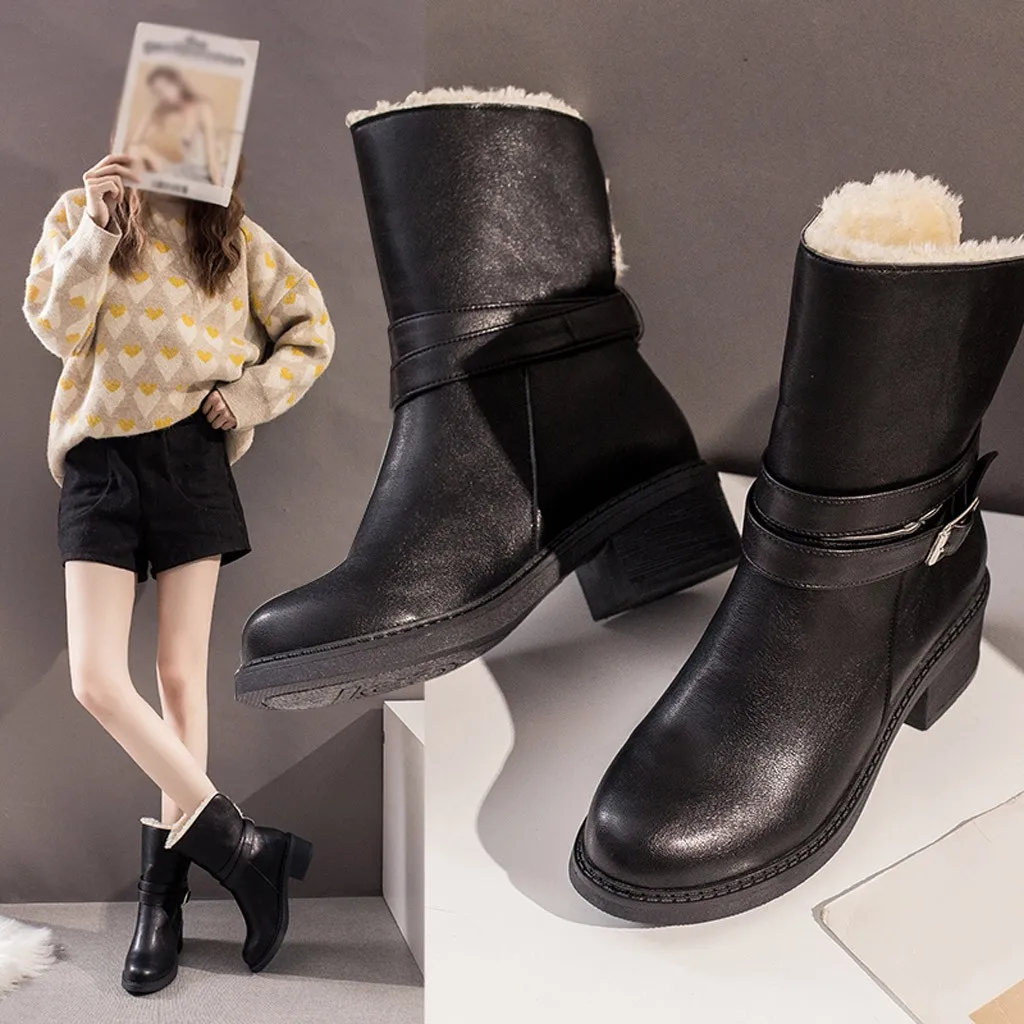 Модные Женские однотонные ботинки средней высоты с пряжкой и ремешком теплые