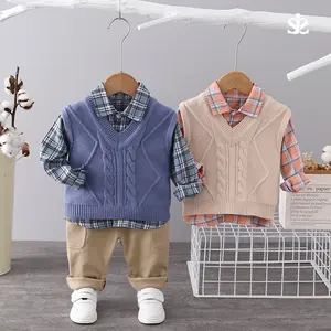 Autumn Fashion Kids Cotton Clothes Baby Boys Girls Sweater Vest Plaid Shirts Pants 3Pcs/sets Pocket Children Toddler Tracksuits