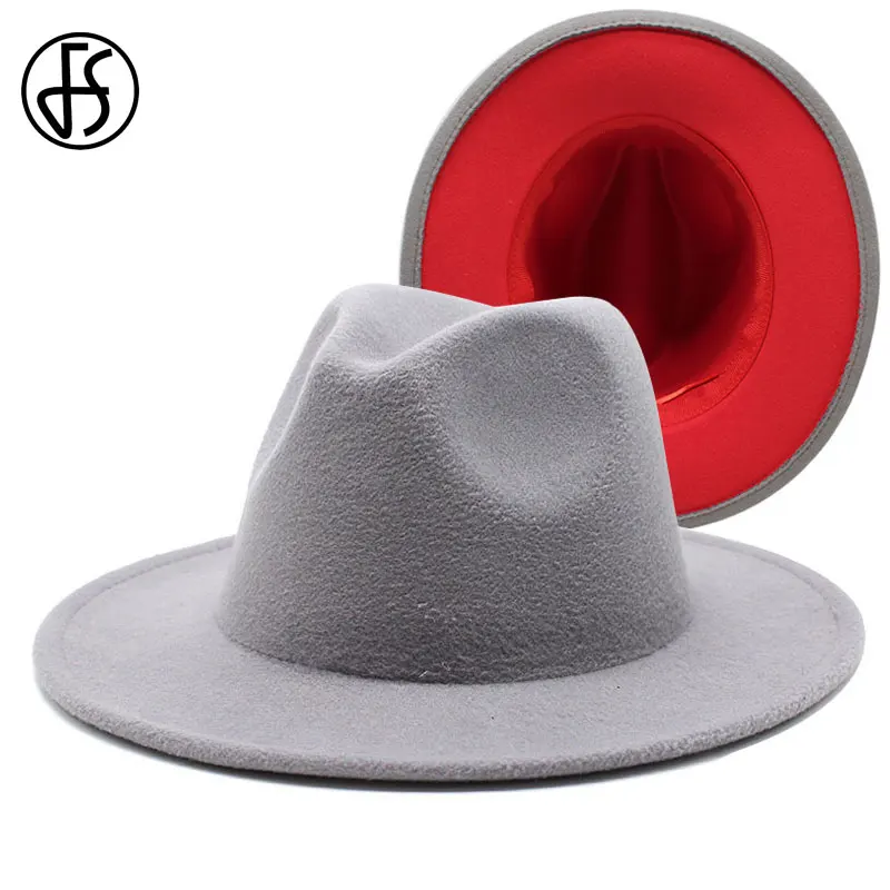 

FS 61cm Gray Red Patchwork Wool Felt Jazz Fedora Hats For Women Unisex Wide Brim Panama Party Trilby Cowboy Cap Men Gentleman