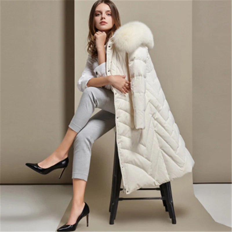 Big Size New Winter Fox Fur Collar Women Down Coat High Quality Elegant Ladies 90% White Duck Down Coat Fsashion Female Overcaot