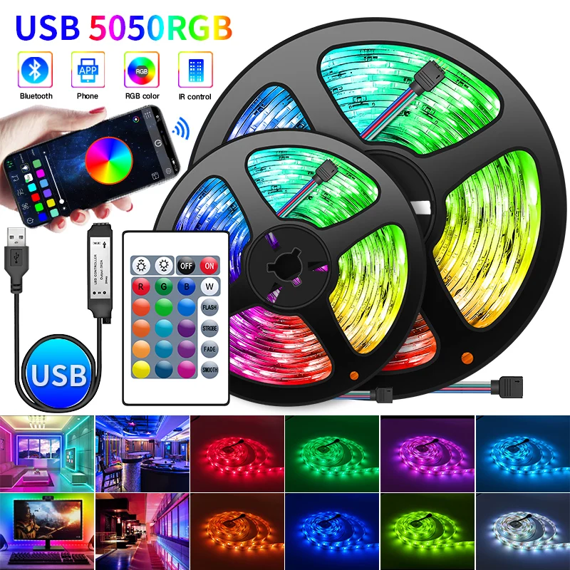 USB LED Strip Light 30LED/Meter Bluetooth RGB Lights Flexible TV Backlight Lamp 5050 5V LED Tape Diode Phone APP 1-30m For Room