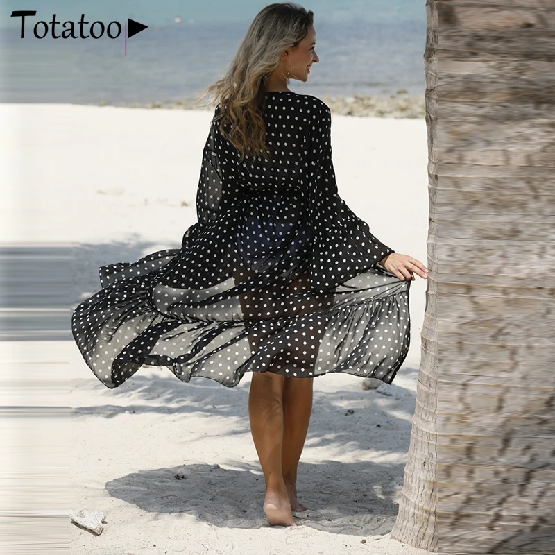 

Totatoop Bohemian Polka Dot Long Swimsuit Cover Up Women 2021 Summer Ruffles Oversize Beach Robe Dress Party Tunic