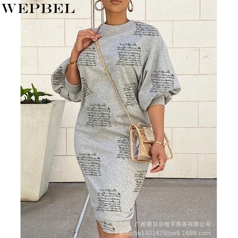 

WEPBEL Dress Women's Casual Letter Print High Waist Dress Autumn Fashion O-Neck Lantern Sleeve Slim Dress