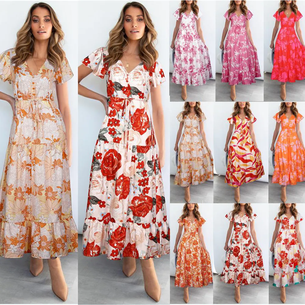 

Summer V Neck Floral Print Maxi Dress 2021 Fashion Lotus Sleeve Button Ruffle Elegant Boho Beach Vacation Long Dress Femme Robe