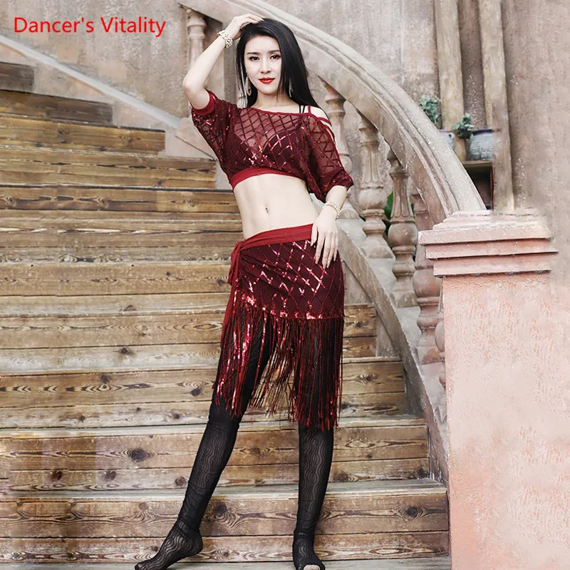 

Belly Dance Set Mesh Sequins Top Tassel Skirt Practice Clothes Adult Oriental Dancing Shiny Shirt Hip Scarf Performance Clothing