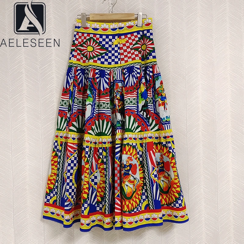 AELESEEN High Quality 100% Cotton Sicilian Skirt 2022 Autumn Poplin Retro Printing Plaid Long Elegant Party Holiday Skirt